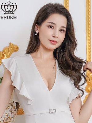 画像4: [送料無料][ERUKEI]ホワイト・グリーン・ワンカラー・サテン・シンプル・Vネック・フリルスリーブ・ビジュー・ウエストマーク・タイト・ミニドレス・ワンピース[即日発送][大きいサイズあり]