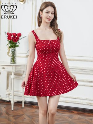 画像2: [送料無料][ERUKEI]レッド×ホワイト・アンゴラレッド・アイボリー×ブラック・ドット・ワンカラー・ノースリーブ・フロントジップ・バックスピンドル・Aライン・フレア・ミニドレス・ワンピース[即日発送][大きいサイズあり]