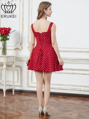 画像3: [送料無料][ERUKEI]レッド×ホワイト・アンゴラレッド・アイボリー×ブラック・ドット・ワンカラー・ノースリーブ・フロントジップ・バックスピンドル・Aライン・フレア・ミニドレス・ワンピース[即日発送][大きいサイズあり]