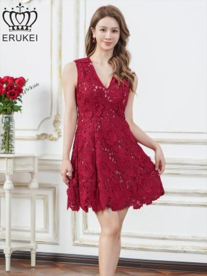 画像2: [送料無料][ERUKEI]ワインレッド・ホワイト・ブルー・総レース・ケミカルレース・ノースリーブ・Vネック・Aライン・ミニドレス・ワンピース[即日発送][大きいサイズあり]