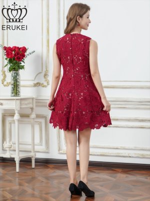 画像3: [送料無料][ERUKEI]ワインレッド・ホワイト・ブルー・総レース・ケミカルレース・ノースリーブ・Vネック・Aライン・ミニドレス・ワンピース[即日発送][大きいサイズあり]