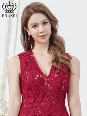 画像4: [送料無料][ERUKEI]ワインレッド・ホワイト・ブルー・総レース・ケミカルレース・ノースリーブ・Vネック・Aライン・ミニドレス・ワンピース[即日発送][大きいサイズあり]