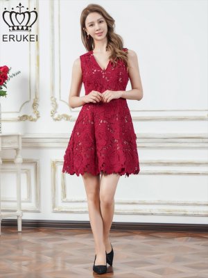 画像5: [送料無料][ERUKEI]ワインレッド・ホワイト・ブルー・総レース・ケミカルレース・ノースリーブ・Vネック・Aライン・ミニドレス・ワンピース[即日発送][大きいサイズあり]