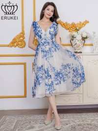 [送料無料][ERUKEI]ホワイト×ブルー・花柄・プリント・シフォン・Vネック・ノースリーブ・肩リボン・タック・フレア・Aライン・ミディアムドレス・ワンピース[即日発送][大きいサイズあり]