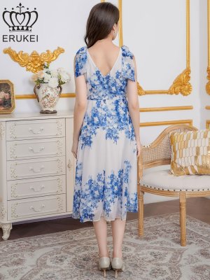 画像3: [送料無料][ERUKEI]ホワイト×ブルー・花柄・プリント・シフォン・Vネック・ノースリーブ・肩リボン・タック・フレア・Aライン・ミディアムドレス・ワンピース[即日発送][大きいサイズあり]