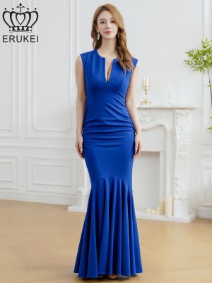 画像5: [送料無料][ERUKEI]ロイヤルブルー・ホワイト・ネイビー・ワンカラー・シンプル・胸元スリットカット・ノースリーブ・ストレッチ・タイト・マーメイド・ロングドレス[即日発送][大きいサイズあり]