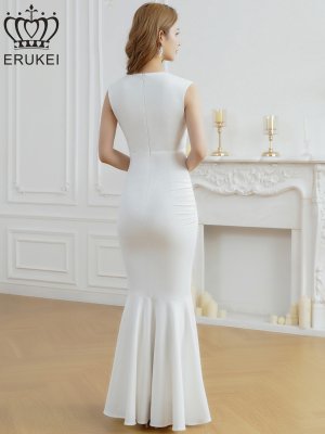 画像9: [送料無料][ERUKEI]ロイヤルブルー・ホワイト・ネイビー・ワンカラー・シンプル・胸元スリットカット・ノースリーブ・ストレッチ・タイト・マーメイド・ロングドレス[即日発送][大きいサイズあり]