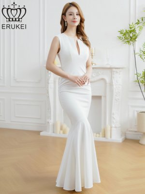 画像11: [送料無料][ERUKEI]ロイヤルブルー・ホワイト・ネイビー・ワンカラー・シンプル・胸元スリットカット・ノースリーブ・ストレッチ・タイト・マーメイド・ロングドレス[即日発送][大きいサイズあり]