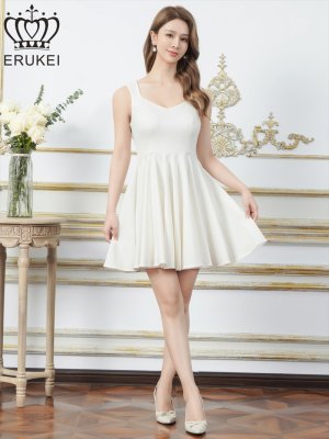 画像5: [送料無料][ERUKEI]ホワイト・レッド・ワンカラー・シンプル・ノースリーブ・Aライン・フレア・ミニドレス・ワンピース[即日発送][大きいサイズあり]