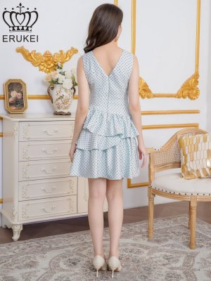 画像15: [送料無料][ERUKEI]ホワイト・ピンク・グリーン・ドット・プリント・ノースリーブ・Vネック・アシンメトリー・変形・ティアード・フレア・Aライン・ミニドレス・ワンピース[即日発送][大きいサイズあり]