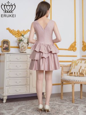 画像9: [送料無料][ERUKEI]ホワイト・ピンク・グリーン・ドット・プリント・ノースリーブ・Vネック・アシンメトリー・変形・ティアード・フレア・Aライン・ミニドレス・ワンピース[即日発送][大きいサイズあり]