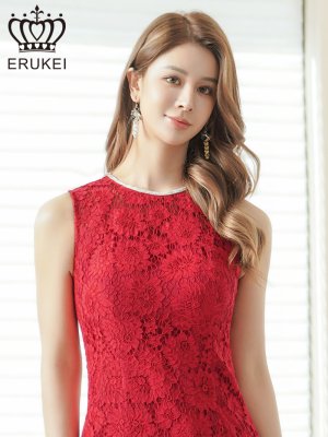 画像4: [送料無料][ERUKEI]レッド・ホワイト・総レース・ネックビジュー・ラインストーン・ノースリーブ・スリット・マーメイド・ロングドレス[即日発送][大きいサイズあり]