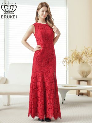 画像6: [送料無料][ERUKEI]レッド・ホワイト・総レース・ネックビジュー・ラインストーン・ノースリーブ・スリット・マーメイド・ロングドレス[即日発送][大きいサイズあり]