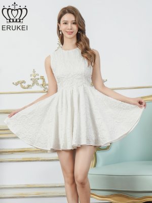 画像8: [送料無料][ERUKEI]ワインレッド・ホワイト・イエロー・ワンカラー・シャイニーサテン・シワ加工・ネックビジュー・シンプル・ノースリーブ・フレア・Aライン・ミニドレス・ワンピース[即日発送][大きいサイズあり]