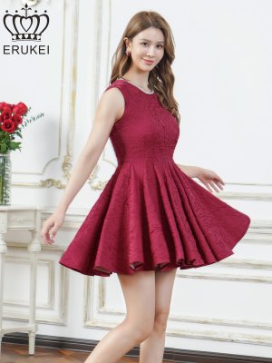 画像1: [送料無料][ERUKEI]ワインレッド・ホワイト・イエロー・ワンカラー・シャイニーサテン・シワ加工・ネックビジュー・シンプル・ノースリーブ・フレア・Aライン・ミニドレス・ワンピース[即日発送][大きいサイズあり]