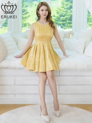 画像1: [送料無料][ERUKEI]イエロー・ホワイト・ワインレッド・ワンカラー・シャイニーサテン・シワ加工・ネックビジュー・シンプル・ノースリーブ・フレア・Aライン・ミニドレス・ワンピース[即日発送][大きいサイズあり]