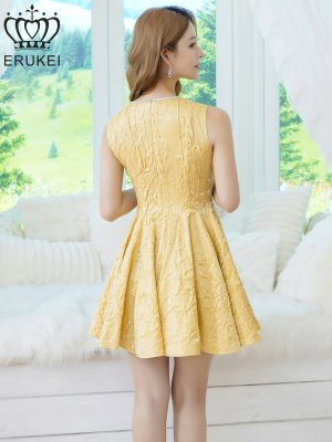 画像3: [送料無料][ERUKEI]イエロー・ホワイト・ワインレッド・ワンカラー・シャイニーサテン・シワ加工・ネックビジュー・シンプル・ノースリーブ・フレア・Aライン・ミニドレス・ワンピース[即日発送][大きいサイズあり]