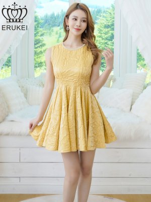 画像6: [送料無料][ERUKEI]イエロー・ホワイト・ワインレッド・ワンカラー・シャイニーサテン・シワ加工・ネックビジュー・シンプル・ノースリーブ・フレア・Aライン・ミニドレス・ワンピース[即日発送][大きいサイズあり]