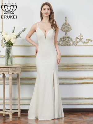 画像11: [送料無料][ERUKEI]ワインレッド・ホワイト・グリーン・マスタード・ネイビー・ワンカラー・シンプル・キャミソール・Vカット・シアー・スリット・タイト・マーメイド・ロングドレス[即日発送][大きいサイズあり]