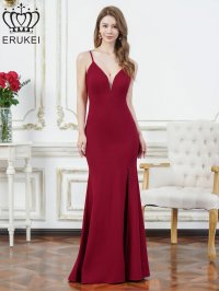 [送料無料][ERUKEI]ワインレッド・ホワイト・グリーン・マスタード・ネイビー・ワンカラー・シンプル・キャミソール・Vカット・シアー・スリット・タイト・マーメイド・ロングドレス[即日発送][大きいサイズあり]