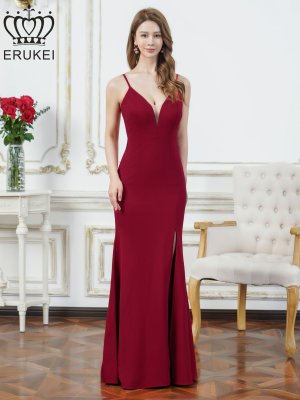 画像2: [送料無料][ERUKEI]ワインレッド・ホワイト・グリーン・マスタード・ネイビー・ワンカラー・シンプル・キャミソール・Vカット・シアー・スリット・タイト・マーメイド・ロングドレス[即日発送][大きいサイズあり]