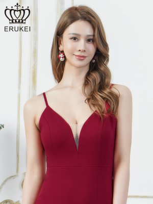 画像4: [送料無料][ERUKEI]ワインレッド・ホワイト・グリーン・マスタード・ネイビー・ワンカラー・シンプル・キャミソール・Vカット・シアー・スリット・タイト・マーメイド・ロングドレス[即日発送][大きいサイズあり]