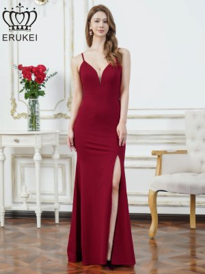画像5: [送料無料][ERUKEI]ワインレッド・ホワイト・グリーン・マスタード・ネイビー・ワンカラー・シンプル・キャミソール・Vカット・シアー・スリット・タイト・マーメイド・ロングドレス[即日発送][大きいサイズあり]