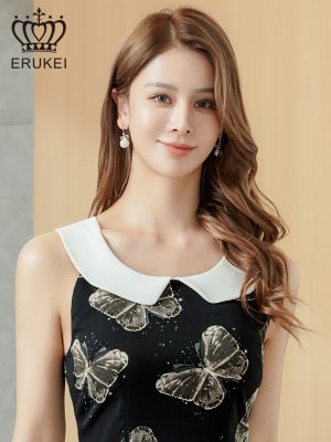 画像4: [送料無料][ERUKEI]ブラック×ホワイト・バタフライ柄・プリント・ローカラー・襟付き・アメリカンスリーブ・ティアード・Aライン・ミニドレス・ワンピース[即日発送][大きいサイズあり]