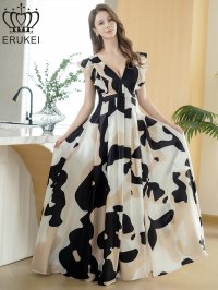 [送料無料][ERUKEI]ブラック×ホワイト・抽象柄・プリント・サテン・フリルスリーブ・Vネック・タック・ベルト風・スリット・Aライン・ロングドレス[即日発送][大きいサイズあり]