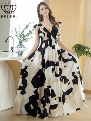画像1: [送料無料][ERUKEI]ブラック×ホワイト・抽象柄・プリント・サテン・フリルスリーブ・Vネック・タック・ベルト風・スリット・Aライン・ロングドレス[即日発送][大きいサイズあり]