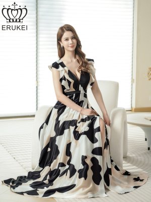 画像6: [送料無料][ERUKEI]ブラック×ホワイト・抽象柄・プリント・サテン・フリルスリーブ・Vネック・タック・ベルト風・スリット・Aライン・ロングドレス[即日発送][大きいサイズあり]