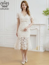 [ERUKEI]ホワイト・レッド・ワンカラー・総レース・フリンジ・半袖・インナーミニ・タイト・マーメイド・ミディアムドレス・ワンピース[即日発送][大きいサイズあり]