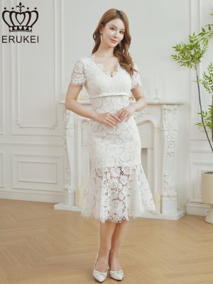 画像2: [ERUKEI]ホワイト・レッド・ワンカラー・総レース・フリンジ・半袖・インナーミニ・タイト・マーメイド・ミディアムドレス・ワンピース[即日発送][大きいサイズあり]