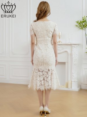 画像3: [ERUKEI]ホワイト・レッド・ワンカラー・総レース・フリンジ・半袖・インナーミニ・タイト・マーメイド・ミディアムドレス・ワンピース[即日発送][大きいサイズあり]