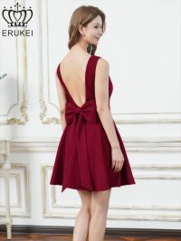 [送料無料][ERUKEI]レッド・グリーン・グレー・ワンカラー・リボン・背中見せ・Aライン・フレア・ミニドレス・ワンピース[即日発送][大きいサイズあり]