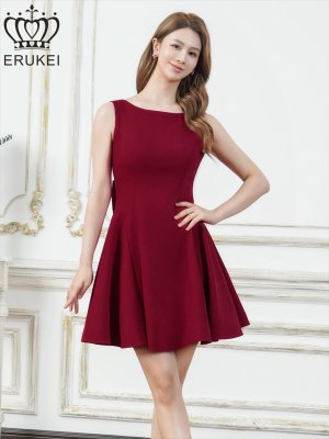 画像2: [送料無料][ERUKEI]レッド・グリーン・グレー・ワンカラー・リボン・背中見せ・Aライン・フレア・ミニドレス・ワンピース[即日発送][大きいサイズあり]