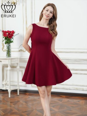 画像5: [送料無料][ERUKEI]レッド・グリーン・グレー・ワンカラー・リボン・背中見せ・Aライン・フレア・ミニドレス・ワンピース[即日発送][大きいサイズあり]