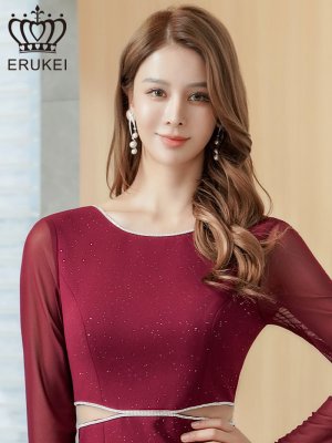 画像4: [送料無料][ERUKEI]ワインレッド・ラメ・カットアウト・ラインストーン・メッシュ・長袖・ロングスリーブ・タイト・ミニドレス・ワンピース[即日発送][大きいサイズあり]