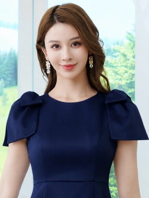 画像10: [送料無料][ERUKEI]アイボリー・ネイビー・グレー・ワンカラー・半袖・シンプル・Ａライン・リボン・ミニドレス・ワンピース[即日発送][大きいサイズあり]
