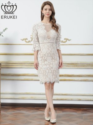 画像1: [送料無料][ERUKEI]ホワイト・総レース・シアー・七分袖・ベルスリーブ・タイト・ミディアムドレス・ワンピース[即日発送][大きいサイズあり]