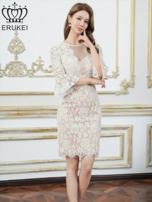 画像2: [送料無料][ERUKEI]ホワイト・総レース・シアー・七分袖・ベルスリーブ・タイト・ミディアムドレス・ワンピース[即日発送][大きいサイズあり]