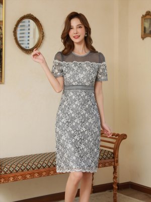 画像3: [SALE品のため返品不可][ERUKEI]グレー・フラワーレース・レース・半袖・シースルー・タイト・ミニドレス・ワンピース[即日発送][大きいサイズあり]