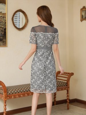 画像4: [SALE品のため返品不可][ERUKEI]グレー・フラワーレース・レース・半袖・シースルー・タイト・ミニドレス・ワンピース[即日発送][大きいサイズあり]