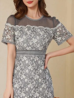 画像5: [SALE品のため返品不可][ERUKEI]グレー・フラワーレース・レース・半袖・シースルー・タイト・ミニドレス・ワンピース[即日発送][大きいサイズあり]