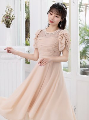 画像9: [送料無料][ERUKEI]ブラック・ベージュ・シフォンスリーブ・シャーリング・ストーン・パール・Aライン・ミディアムドレス・ワンピース[即日発送][大きいサイズあり]