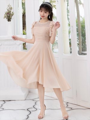 画像12: [送料無料][ERUKEI]ブラック・ベージュ・シフォンスリーブ・シャーリング・ストーン・パール・Aライン・ミディアムドレス・ワンピース[即日発送][大きいサイズあり]