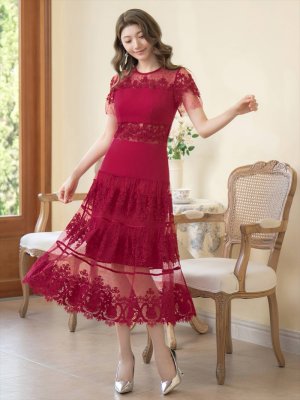 画像5: [送料無料][ERUKEI]ワインレッド・ホワイト・刺繍・Aライン・ひざ下・ミディアムドレス・ワンピース[即日発送][大きいサイズあり]