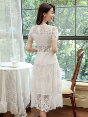 画像9: [送料無料][ERUKEI]ワインレッド・ホワイト・刺繍・Aライン・ひざ下・ミディアムドレス・ワンピース[即日発送][大きいサイズあり]