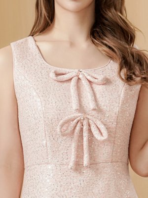 画像4: [送料無料][ERUKEI]ピンク・ツイード・リボン・スパンコール・フレア・Aライン・ノースリーブ・ミニドレス・ワンピース[即日発送][大きいサイズあり]