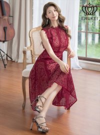 [送料無料][ERUKEI]ワインレッド・ピンク・ベージュ・ホワイト・ネイビー・総レース・プチハイネック・ノースリーブ・Aライン・ミディアムドレス・ワンピース[即日発送][大きいサイズあり]